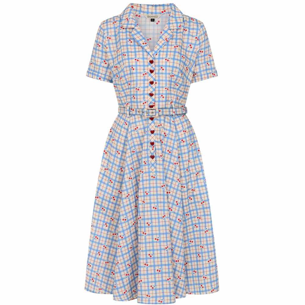 Banned - Bella Cherry Check Flare dress - Blue